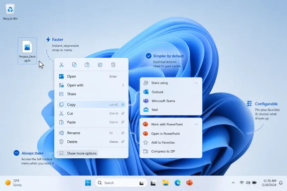 Blue Windows 11 context menus and file actions shown over a stylized swirl background.