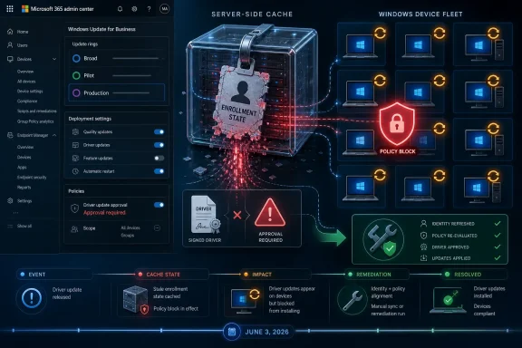 Microsoft 365 admin center shows a policy block and driver approval workflow diagram for Windows device updates.