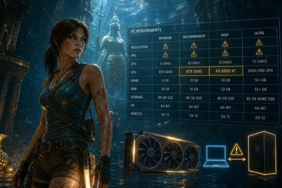 Lara Croft stands beside a PC requirements chart showing minimum to ultra specs in a sci‑fi game scene.