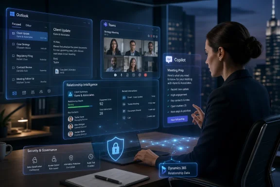 Businesswoman in an office reviewing Microsoft-style AI collaboration dashboards, including Outlook, Teams, and Copilot.