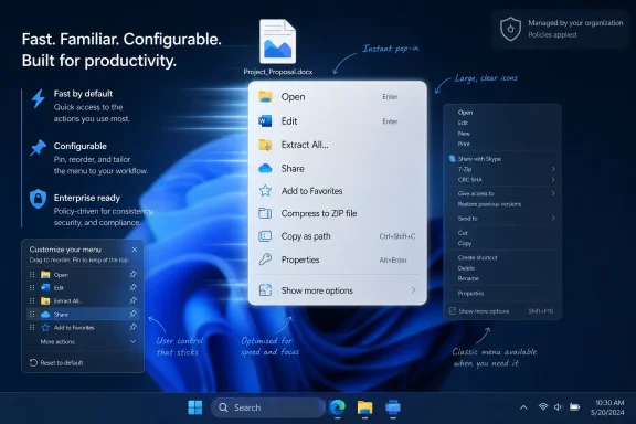 Windows-style menu UI shows a right-click context menu for a document on a blue desktop background.