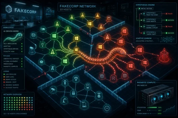 Cybersecurity dashboard shows a simulated “FAKECORP NETWORK” with nodes, hacking paths, and success/failure hypotheses.