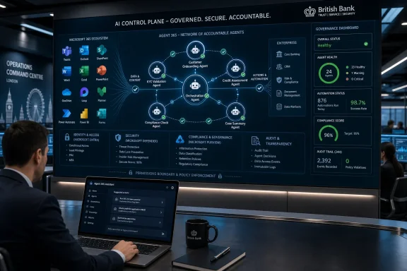 British Bank dashboard shows secure AI agent governance with compliance metrics, displayed beside a laptop.