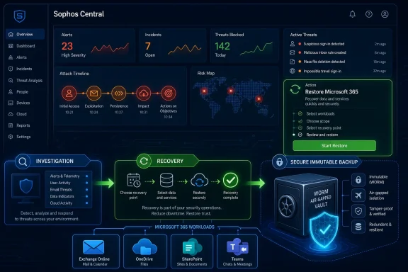 Cybersecurity dashboard screenshot showing Sophos Central alerts, threats, and Microsoft 365 recovery workflow.