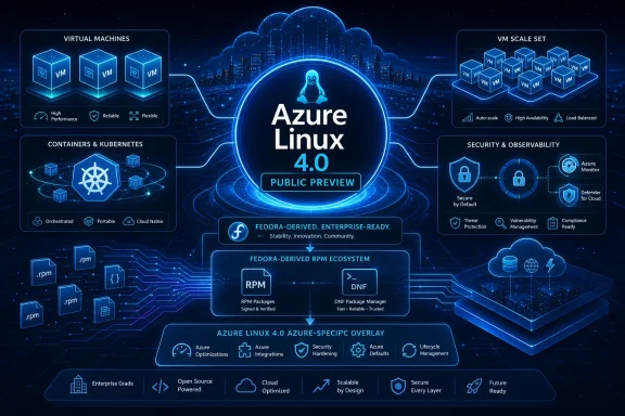 Azure Linux 4.0 public preview infographic with virtual machines, containers, security, and RPM ecosystem themes.