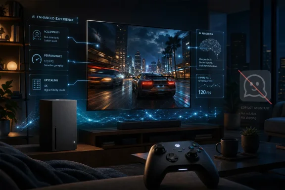 Gaming setup with a monitor showing AI performance overlays and a neon city race scene at 120 FPS.