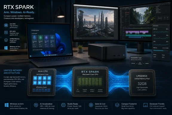 An RTX SPARK laptop and desktop with UI panels showcase Arm CPU, Blackwell-class GPU, and 32GB unified memory.