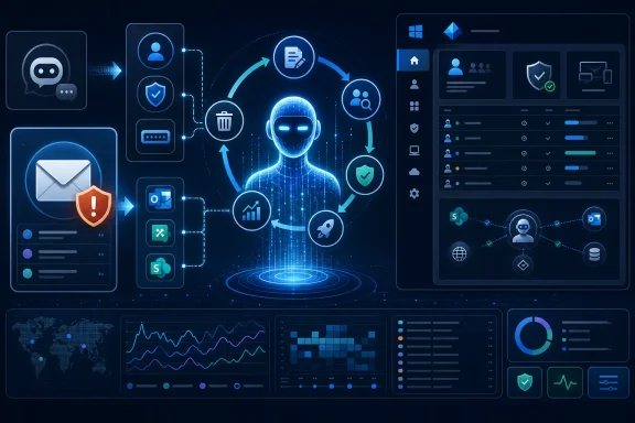 Futuristic AI chatbot system diagram with security and data-flow icons around a central robot head.