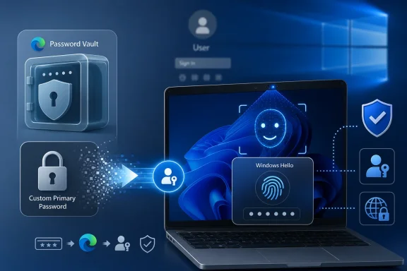 Secure Windows login concept with password vault, fingerprint “Windows Hello,” and blue shield icons.