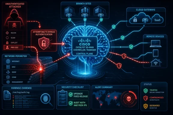 Cybersecurity infographic shows an unauthenticated attacker attempting authentication bypass for a Cisco SD-WAN control plane.