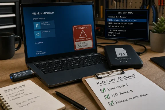 Laptop showing Windows Recovery/UEFI boot menu with recovery USB and ISO, plus “Recovery Readiness” checklist on desk.
