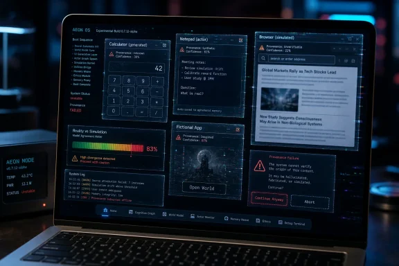 Futuristic laptop screen shows simulated AI system panels, errors, and browser/news interface in a neon UI.