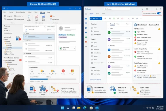 Side-by-side screenshots comparing classic Outlook (Win32) with the new Outlook for Windows readiness test.