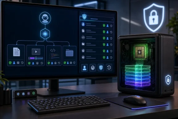 Futuristic cybersecurity workstation with glowing monitors, shield icons, and an illuminated PC.