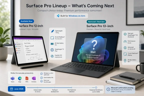 Promotional graphic for Surface Pro lineup, showing 12-inch current model and rumored 13-inch next-gen.