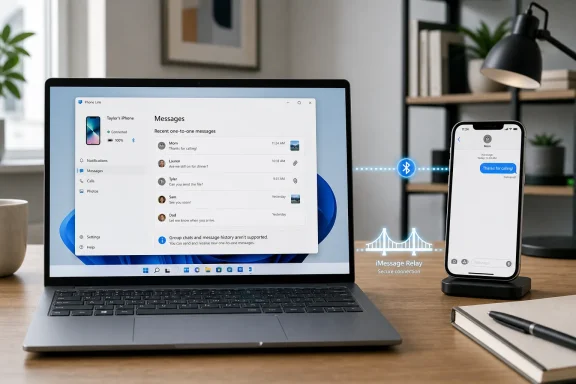 Laptop and iPhone display iMessage Relay for secure one-to-one messaging in a modern home office.