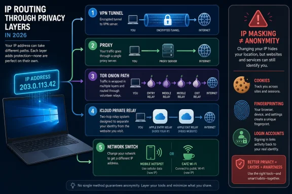 Infographic showing IP routing methods—VPN, proxy, Tor, iCloud relay, and network switching—to improve privacy.