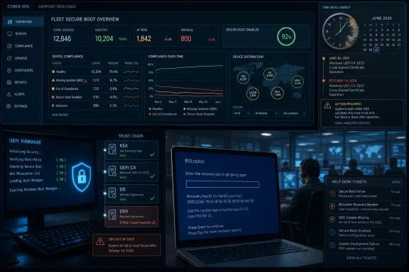 Cybersecurity dashboard showing fleet secure boot status with secure boot enabled 92% and active BitLocker recovery screen.
