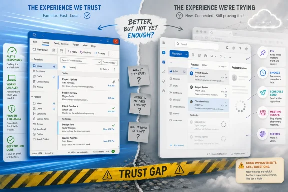 Split-screen shows two email interfaces with “Trust gap” messaging about faster, familiar features vs new ones.