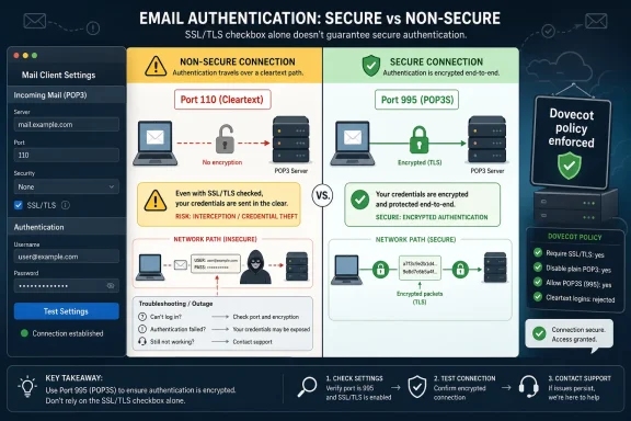 Infographic compares insecure POP3 email authentication on port 110 vs secure POP3S on port 995 with encrypted credentials.