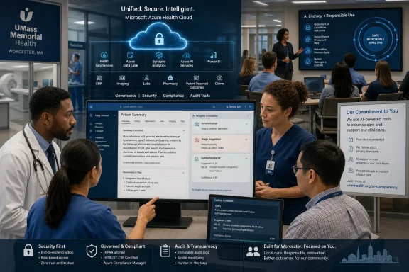 Doctors discuss an AI-powered Azure Health Cloud patient summary display during a health conference.