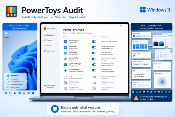 PowerToys Audit UI shown on a Windows 11 laptop, with module enable/disable options.