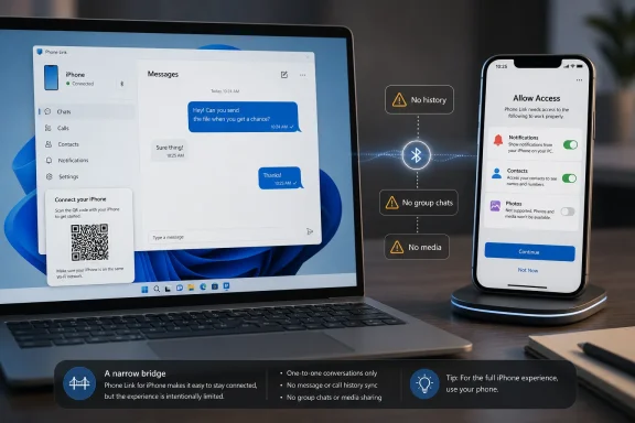 A laptop and iPhone show Apple Phone Link messaging, with access warnings for notifications, contacts, and photos.