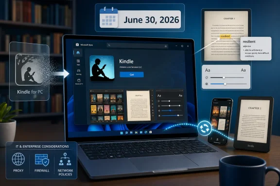A laptop shows the Kindle app with synced reading panels for PC, phone, and e-book previews.