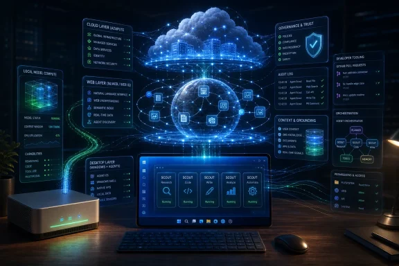 Futuristic AI workspace visualization with a glowing cloud, network nodes, and agent tool panels.