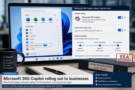 A laptop screen shows Microsoft 365 Copilot rollout details in an admin center interface.