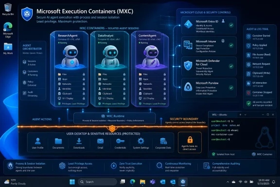 Dashboard graphic shows Microsoft Execution Containers (MXC) with isolated agent sessions and security controls.