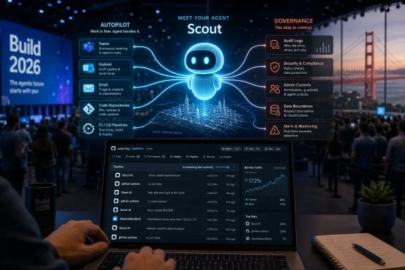 Futuristic AI “Scout” dashboard shows autopilot, governance, and CI/CD pipelines at a tech conference.
