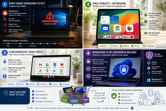 Informational graphic comparing Windows PC support, iPad, Chromebook, and Windows 11 security features with icons.