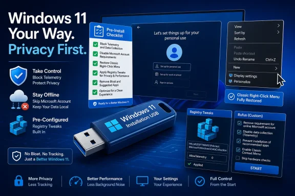 Windows 11 privacy-focused USB installer graphic showing telemetry blocking and classic right-click menu restoration.