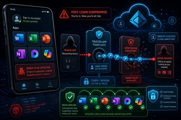 Cybersecurity dashboard shows post-login compromise, token verification, failed checks, and access granted alerts.