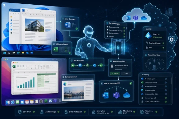 Illustration of Microsoft 365 document editing and workflow security with identity, permissions, and audit logging.