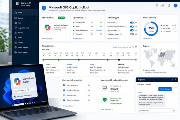 Screenshot of Microsoft 365 Copilot rollout dashboard with enabled features, rings, timeline, and helpdesk chat.