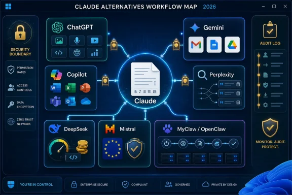 Workflow map showing Claude alternatives—ChatGPT, Gemini, Copilot, Perplexity, DeepSeek, Mistral, and OpenClaw.