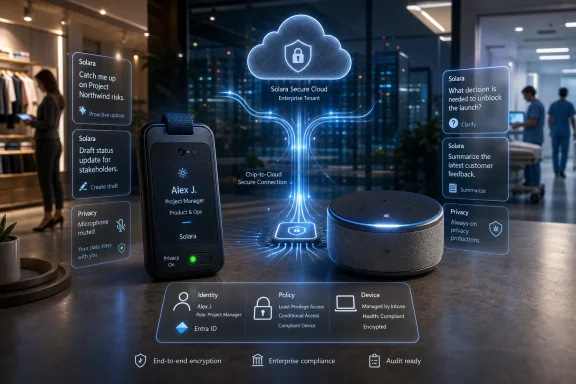 Abstract secure cloud connection concept with phone, smart speaker, and privacy/encryption UI in a city office.
