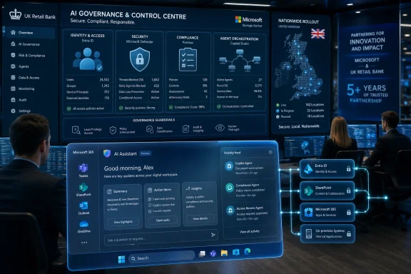 Corporate dashboard presentation for UK Retail Bank’s AI governance and control, with Microsoft branding and analytics screens.