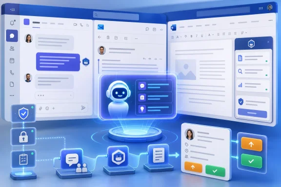 Futuristic AI assistant interface with chat, document tools, and workflow icons across a blue dashboard.