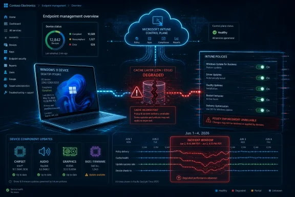 Microsoft Intune endpoint dashboard shows device status, policies, and degraded cache affecting updates.