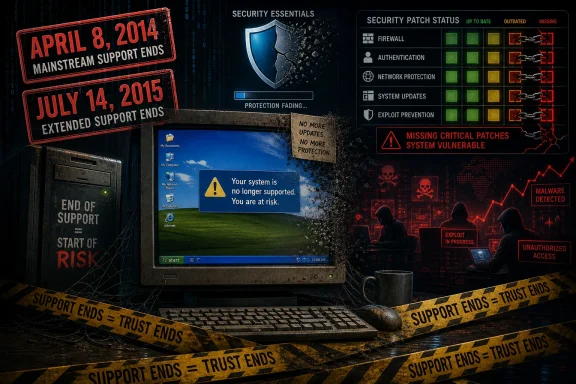 Hacking-themed computer graphic warns system support ended and critical security patches are missing.
