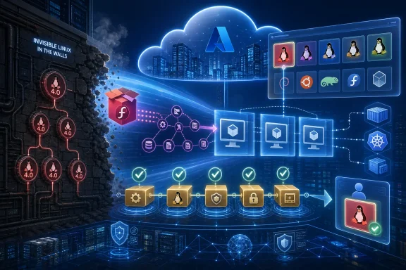 Futuristic cybersecurity network graphic with cloud, icons, and checkmarked database workflow in a neon city scene.