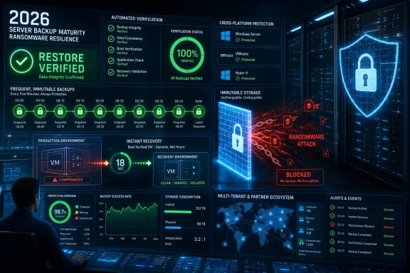 Cybersecurity dashboard showing verified server backups, ransomware attack blocked, and protected restore integrity.