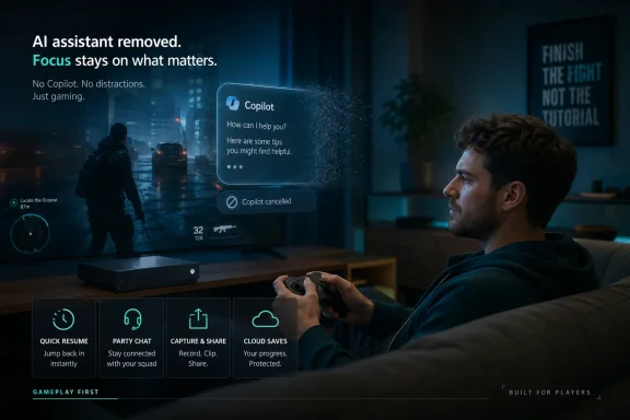 Gamer on couch in cyber-lit room with HUD text: “AI assistant removed—Focus stays on what matters.”