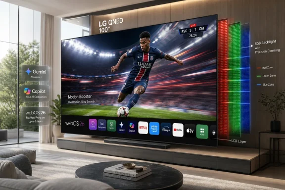 Modern living room showcasing a large LG QNED TV streaming a soccer match, with RGB backlighting and smart icons.