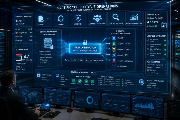 Data-center dashboard showing automated, governed certificate lifecycle operations with analytics and AI agents.