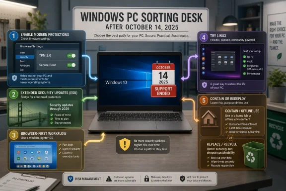 Infographic on a laptop titled “Windows PC Sorting Desk” showing upgrade options after Oct 14, 2025.