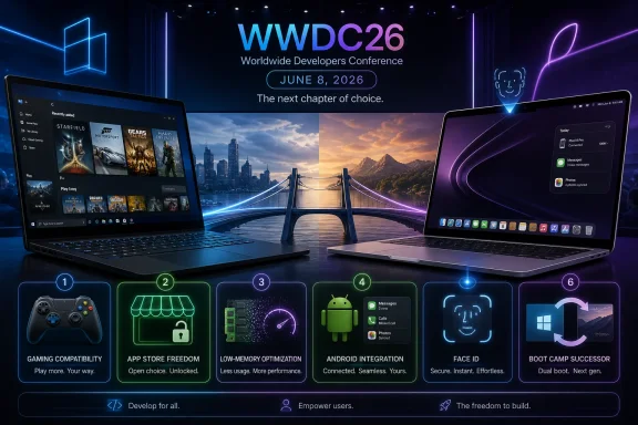 Neon WWDС26 banner above two laptops and Android-themed feature panels for a worldwide developers conference.
